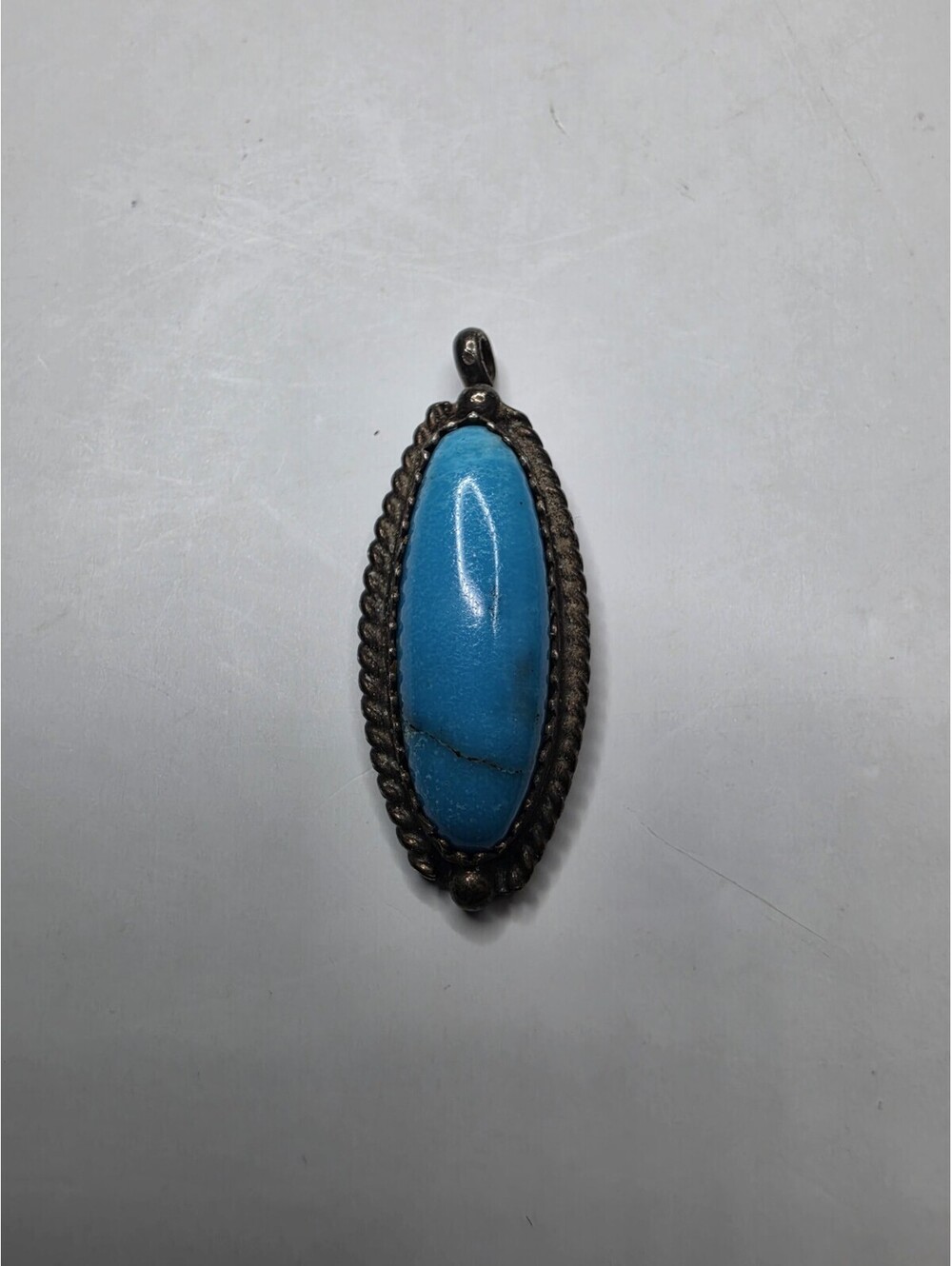 Vintage Sterling Silver Oval Turquoise Pendant Southwestern Rope Border